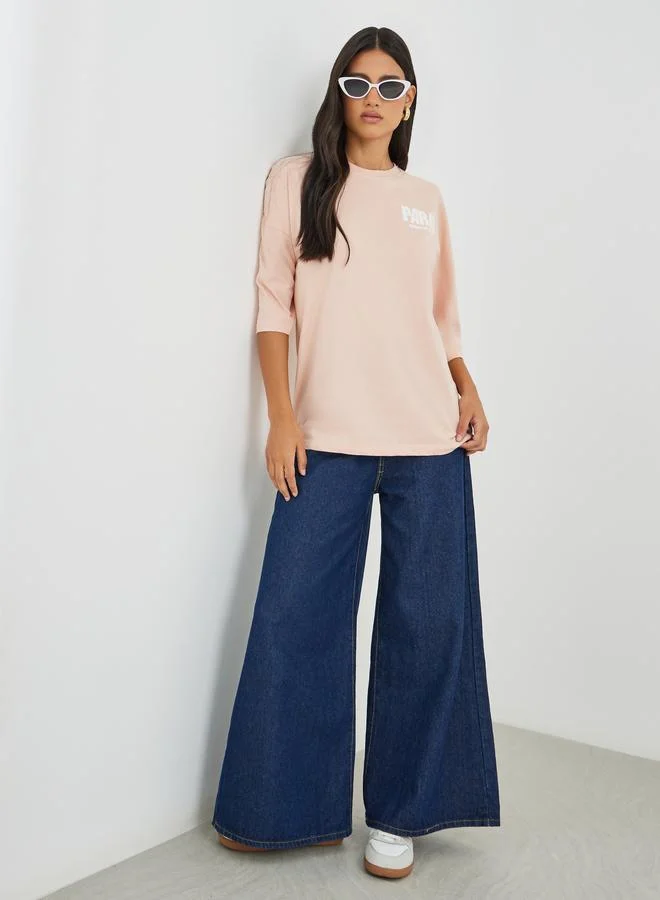 Styli Styli Slogan Print Exaggerated Shoulder Oversized T-Shirt