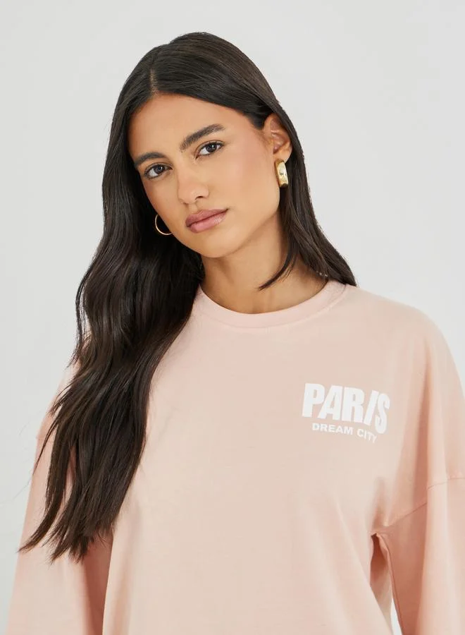 Styli Styli Slogan Print Exaggerated Shoulder Oversized T-Shirt