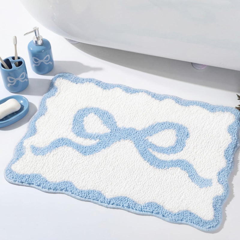 Tinideya Blue Scalloped Bow Bathroom Mat 16" x 24" Non Slip Coquette Bow Rug Cute Aesthetic Scallop Carpet Preppy Room Decor Microfiber Absorbent Bath Rug for Bathroom Bathtub Shower Bedroom - Image 1