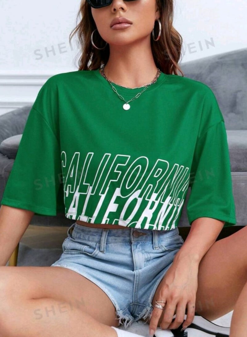 SHEIN EZwear Letter Graphic Drop Shoulder Crop Tee - Image 1