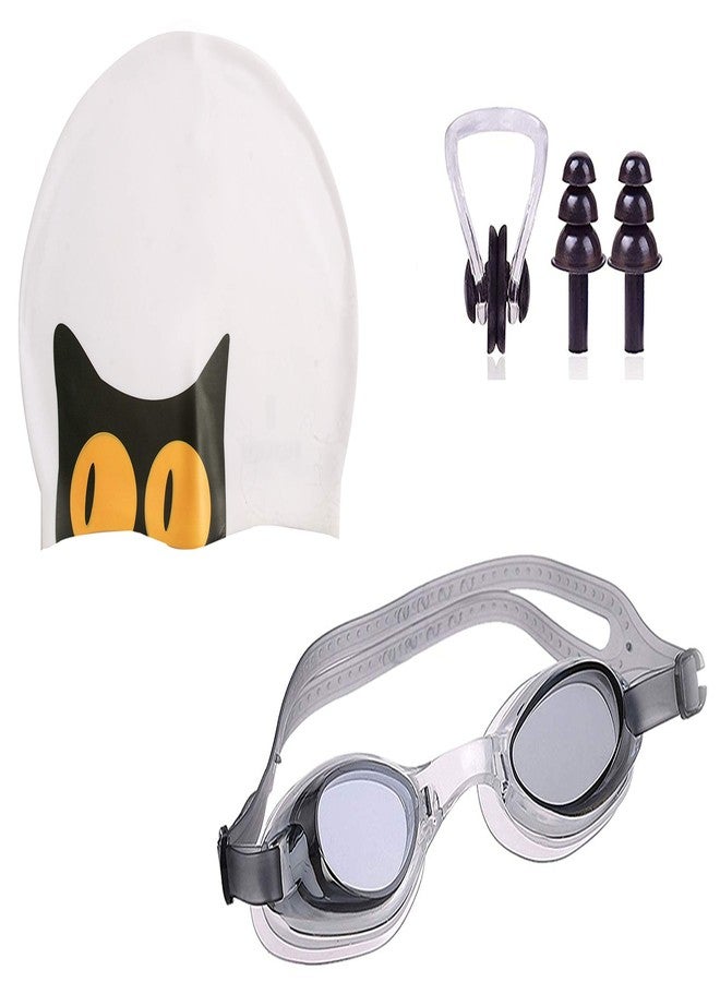 Slyk Swimming Kit Set for Young, Adult, Men and Women with Silicone Swim Cap, Swim Goggle, 2 pc Earplugs with 1 pc Nose Clip (Printed Combo -1)