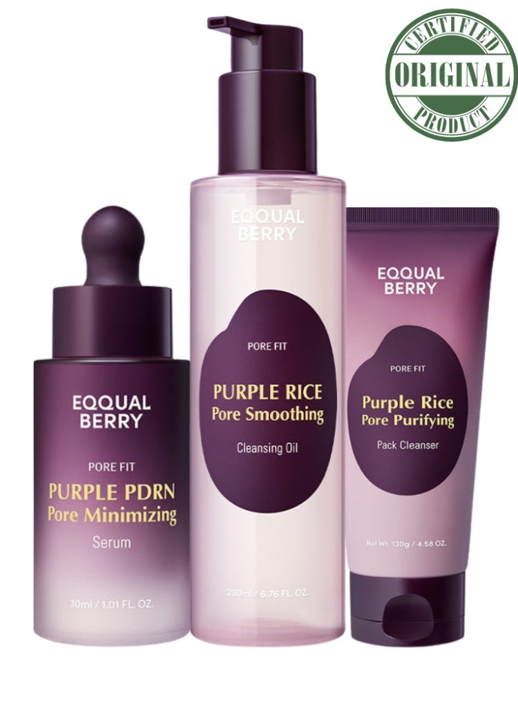 إيكوالبيري المسام الواسعة والرؤوس السوداء – مجموعة إيكوال بيري بوربل رايس لتنقية المسام (زيت تنظيف، غسول ماسك، وسيروم Purple PDRN لتصغير المسام) - Image 2