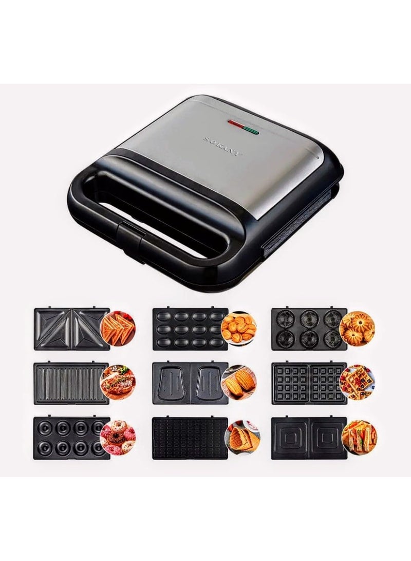 سوكاني صانعة ساندويتش سوكاني 1200 واط 9 في 1 (شكل تاني للتوست – دونت – جرل –وافل- كون ايس كريم – توست- جوزيه –بان كيك –كيك ورده) متعددة الاستخدامات الخامة الداخلية معدن مطلي تيفال – الخارجية استانلس في اكليرك معالج ضد الحرارة  (تقنية عالية من سوكاني وجديدة)sk-08049 - Image 1
