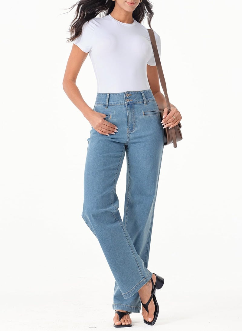 Sidefeel Women's Wide Leg Jeans High Waisted Straight Leg Stretchy Zimbaplatinum Trendy Loose Denim Pants Blue Size 14 - Image 3