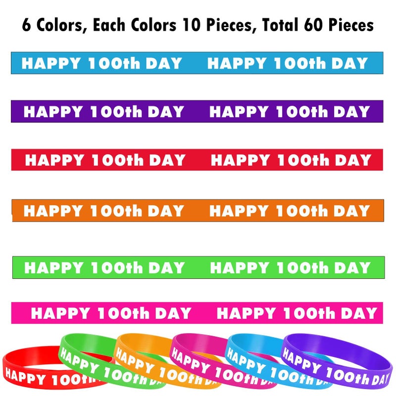 YUNVI 60Pcs 100th Day of School Silicone Bracelets Wristbands, Colorful Happy 100th Day of School Bracelets for Kids Students Children School Party Decoration, 6 Colors - Image 4