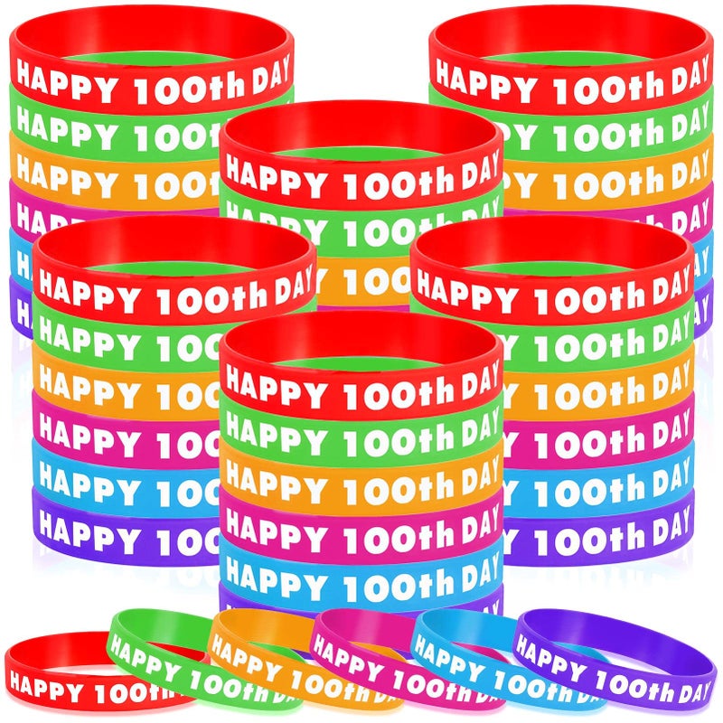 YUNVI 60Pcs 100th Day of School Silicone Bracelets Wristbands, Colorful Happy 100th Day of School Bracelets for Kids Students Children School Party Decoration, 6 Colors - Image 1