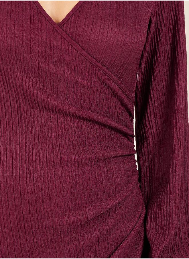 Styli - Textured Bishop Sleeve Wrap Midi Dress - Image 1
