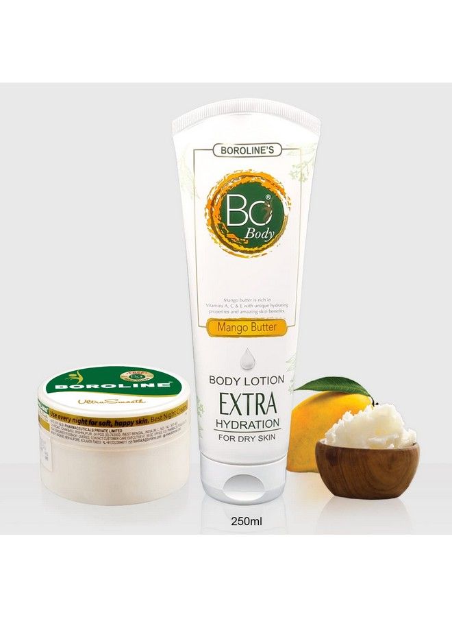 BOROLINE Bo Body Lotion 250 Ml + Ultrasmooth Night Cream 100 Gm + Free Bo Body 20Ml Trial Pack ; Extra Hydrating Long Lasting Moisturizer With Mango Butter (Pack Of 3)  - Image 1