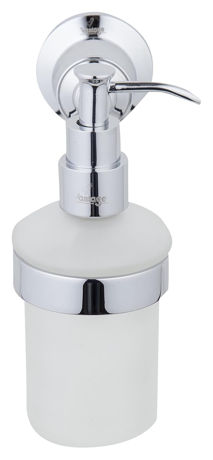 Vantage Vantage VAR-1013 Frosted Toughened Glass Liquid Soap Dispenser 100% Brass Chrome Finish Wall Mounted Design Pump Refillable Shampoo Hand Wash Sanitizer Oil Lotion Essential for Bathroom & Kitchen - Image 2
