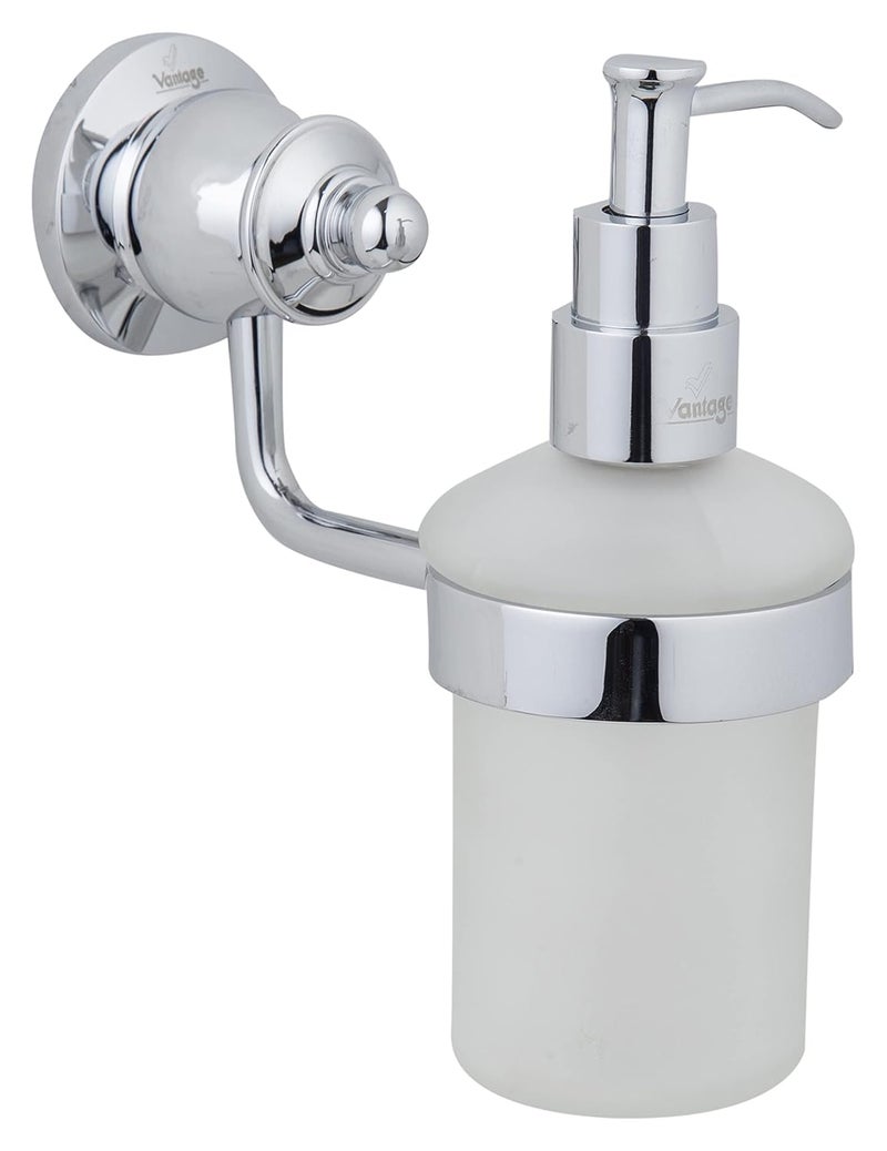 Vantage Vantage VAR-1013 Frosted Toughened Glass Liquid Soap Dispenser 100% Brass Chrome Finish Wall Mounted Design Pump Refillable Shampoo Hand Wash Sanitizer Oil Lotion Essential for Bathroom & Kitchen - Image 3