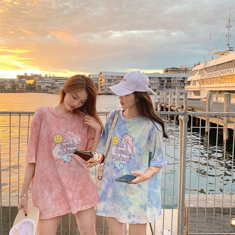 Foreign Trade Loose Harajuku Style Tie-dyed bf Top Summer ins Chao Hong Kong Style Super Fire cec Short-sleeved Women's T-shirt Student Women's Tide - Image 1