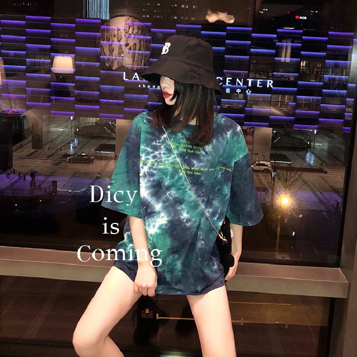 Foreign Trade Loose Harajuku Style Tie-dyed bf Top Summer ins Chao Hong Kong Style Super Fire cec Short-sleeved Women's T-shirt Student Women's Tide - Image 2