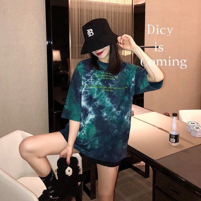 Foreign Trade Loose Harajuku Style Tie-dyed bf Top Summer ins Chao Hong Kong Style Super Fire cec Short-sleeved Women's T-shirt Student Women's Tide - Image 4