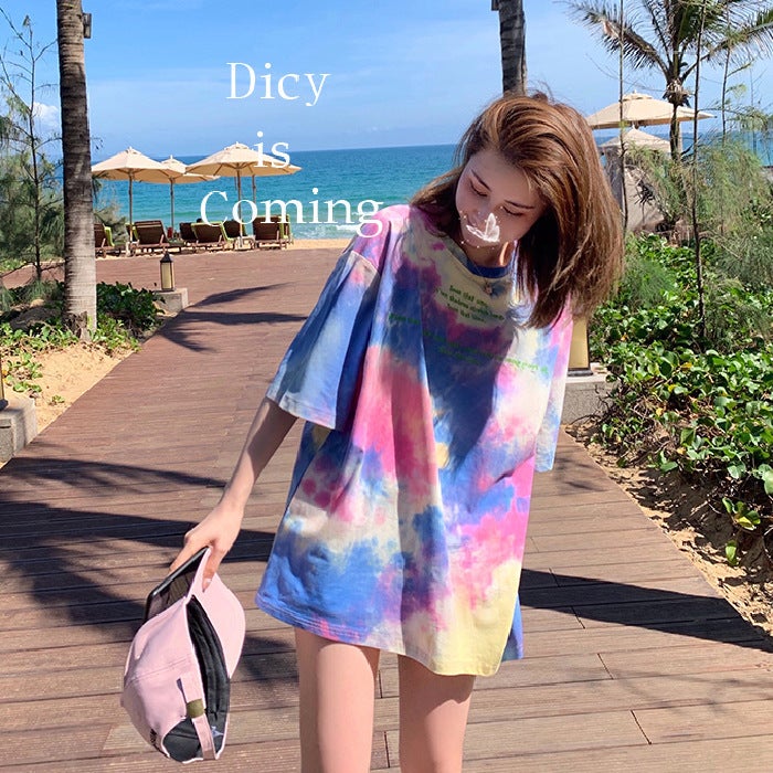 Foreign Trade Loose Harajuku Style Tie-dyed bf Top Summer ins Chao Hong Kong Style Super Fire cec Short-sleeved Women's T-shirt Student Women's Tide - Image 3