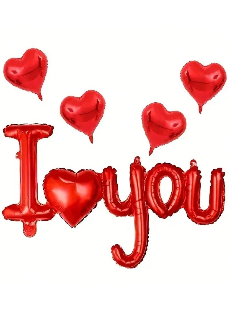 زينة حفلات الذكرى السنوية- 5 قطع من بالونات باللون الاحمر بتصميم قلب وعبارة " انا احبك" - بالونات للمناسبات الخاصة - Image 1