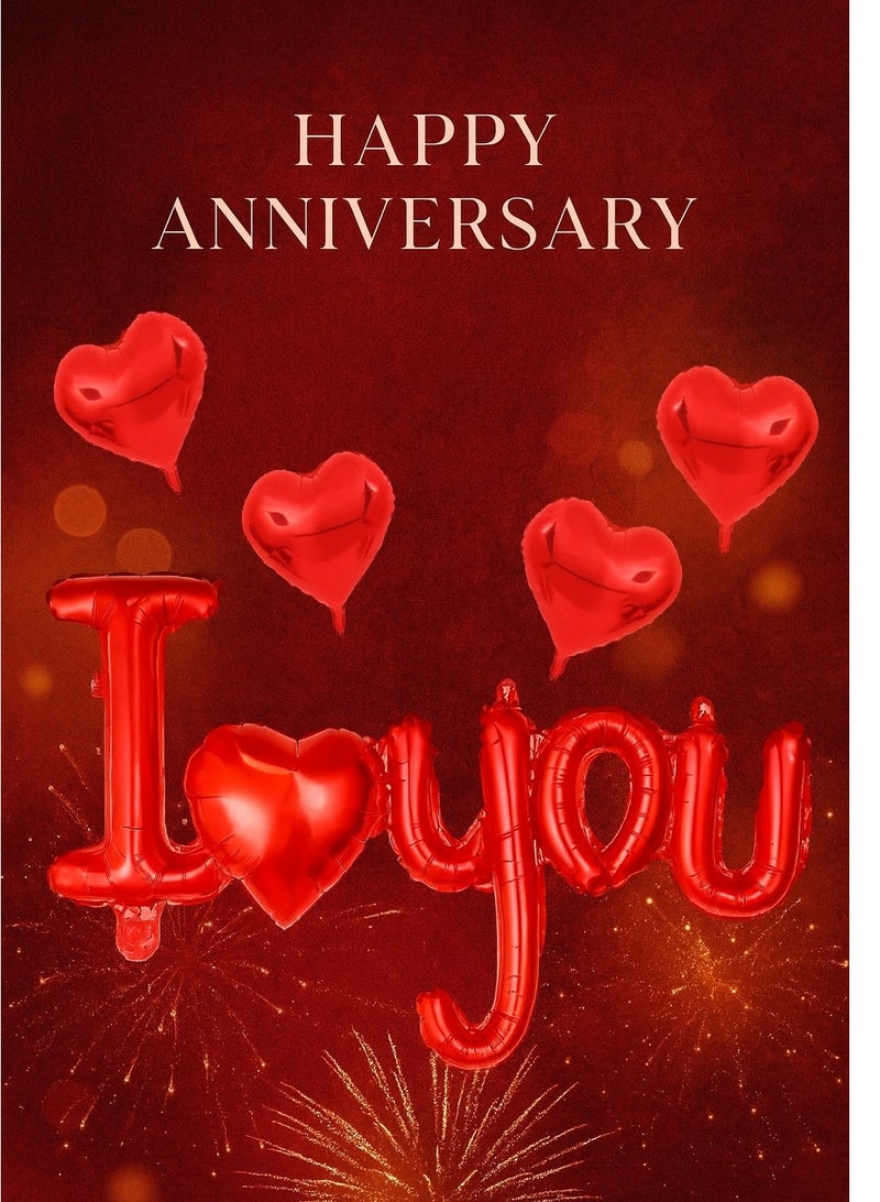 زينة حفلات الذكرى السنوية- 5 قطع من بالونات باللون الاحمر بتصميم قلب وعبارة " انا احبك" - بالونات للمناسبات الخاصة - Image 3