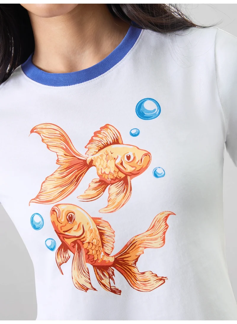 The Souled Store  The Souled Store Goldfish Graphic: Women and Girls Short Sleeves Round Neck Graphic Printed Cotton Regular Fit Lightweight Casual Everyday Streetwear T-Shirt  | Best Price UAE