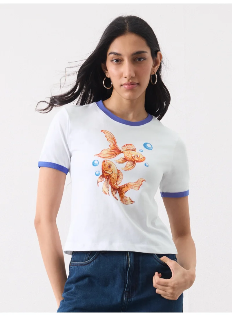 ذا سوليد ستور The Souled Store Goldfish Graphic: Women and Girls Short Sleeves Round Neck Graphic Printed Cotton Regular Fit Lightweight Casual Everyday Streetwear T-Shirt