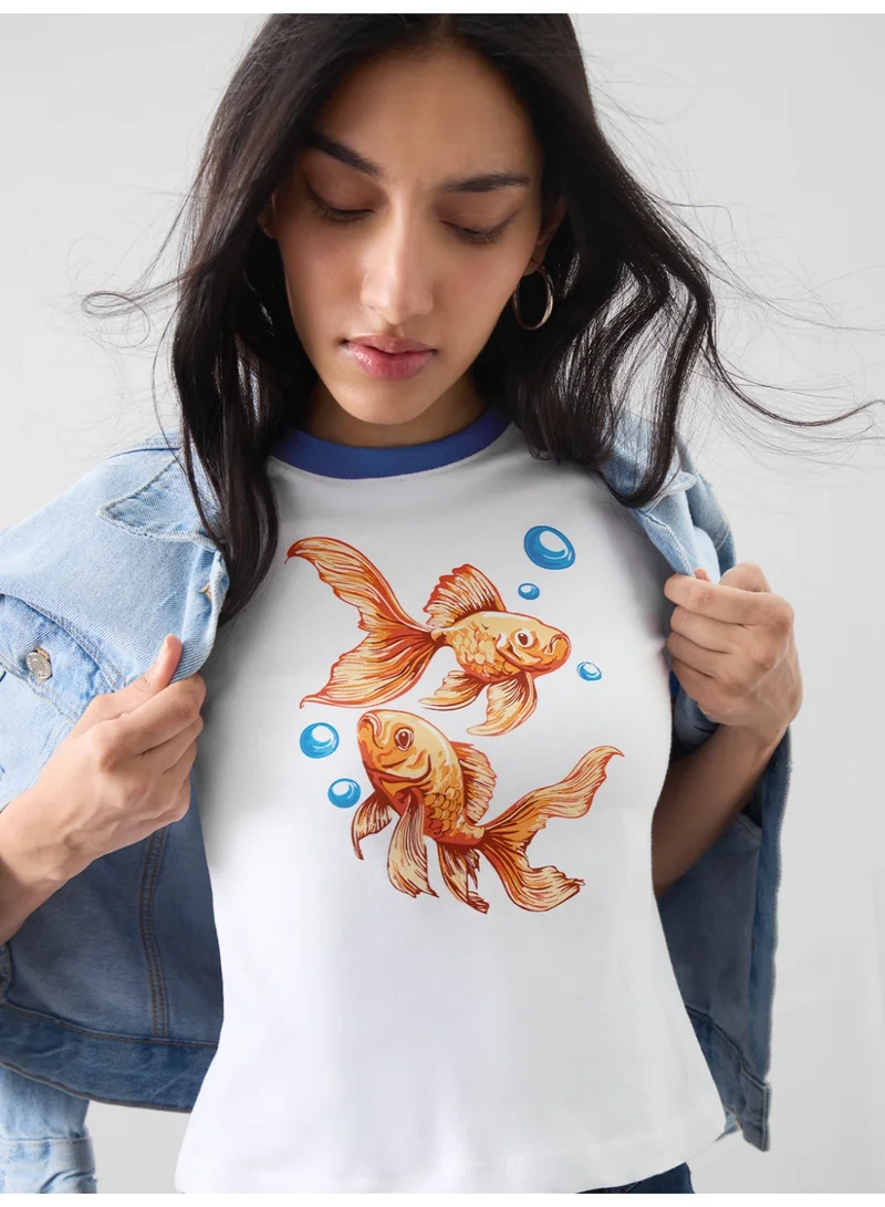 ذا سوليد ستور The Souled Store Goldfish Graphic: Women and Girls Short Sleeves Round Neck Graphic Printed Cotton Regular Fit Lightweight Casual Everyday Streetwear T-Shirt