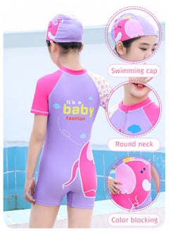 Moovant Girl's One Piece Swimdress, with Swimming Cap, Cute Rash Guard, Kids Swimwear, Sun Protection Bathing Suit, Girl's Beach Clothing Wear  - Image 2