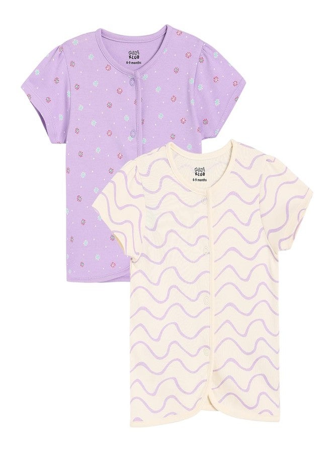 miniklub Cotton Pack of 2 Half Sleeves Floral & Wave Printed Front Open Vests - Pink & Lilac(6-9M) - Image 1