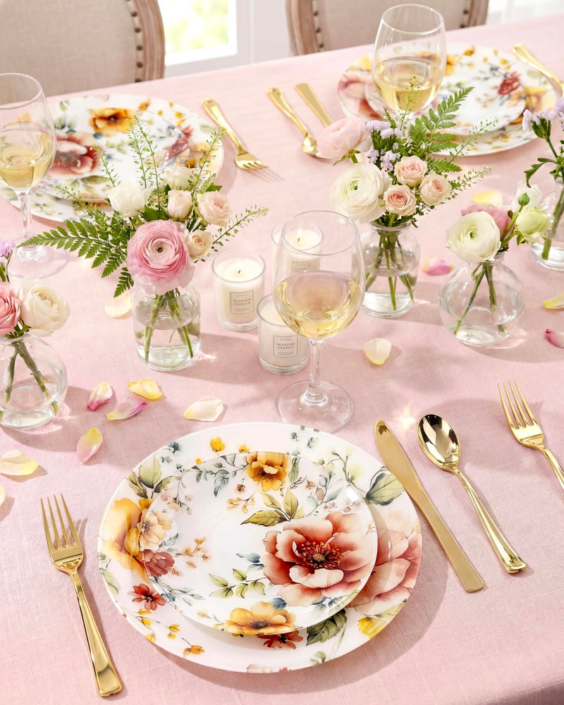 Morejoy 60pcs Floral Plastic Plates - Heavy Duty Spring Red and Yellow Flower Plastic Plate ï¼ŒFancy Disposable Plates, including10.25 Dinner & 7.5 Dessert Plates for Wedding & Party & Easter - Image 5