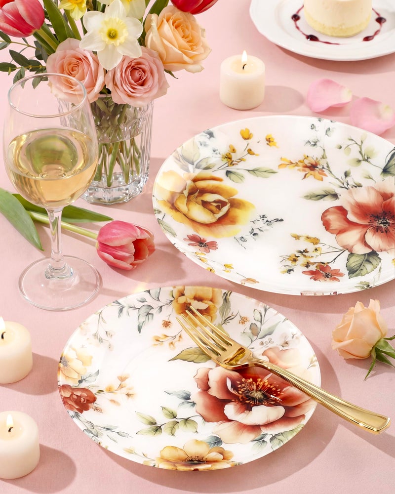 Morejoy 60pcs Floral Plastic Plates - Heavy Duty Spring Red and Yellow Flower Plastic Plate ï¼ŒFancy Disposable Plates, including10.25 Dinner & 7.5 Dessert Plates for Wedding & Party & Easter - Image 2