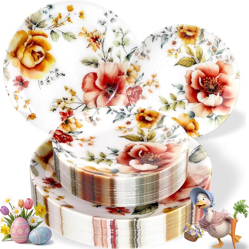 Morejoy 60pcs Floral Plastic Plates - Heavy Duty Spring Red and Yellow Flower Plastic Plate ï¼ŒFancy Disposable Plates, including10.25 Dinner & 7.5 Dessert Plates for Wedding & Party & Easter - Image 1