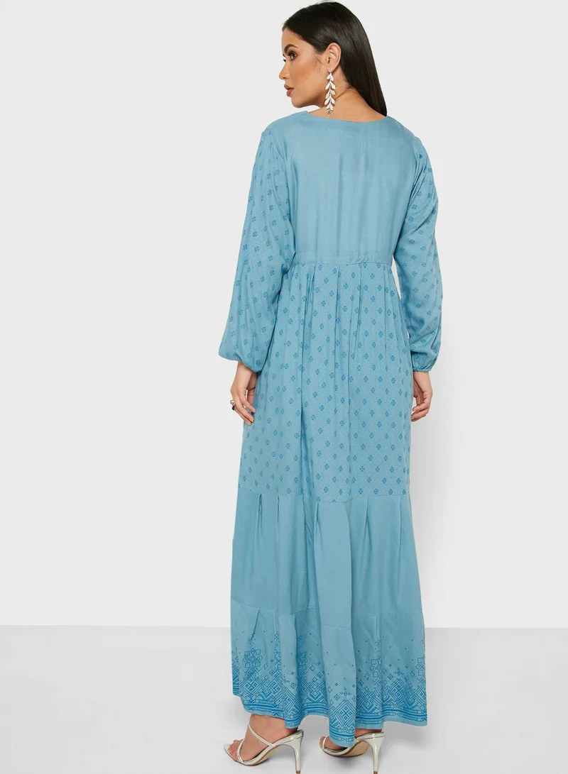 Amri Drawstring Detail Printed Jalabiya