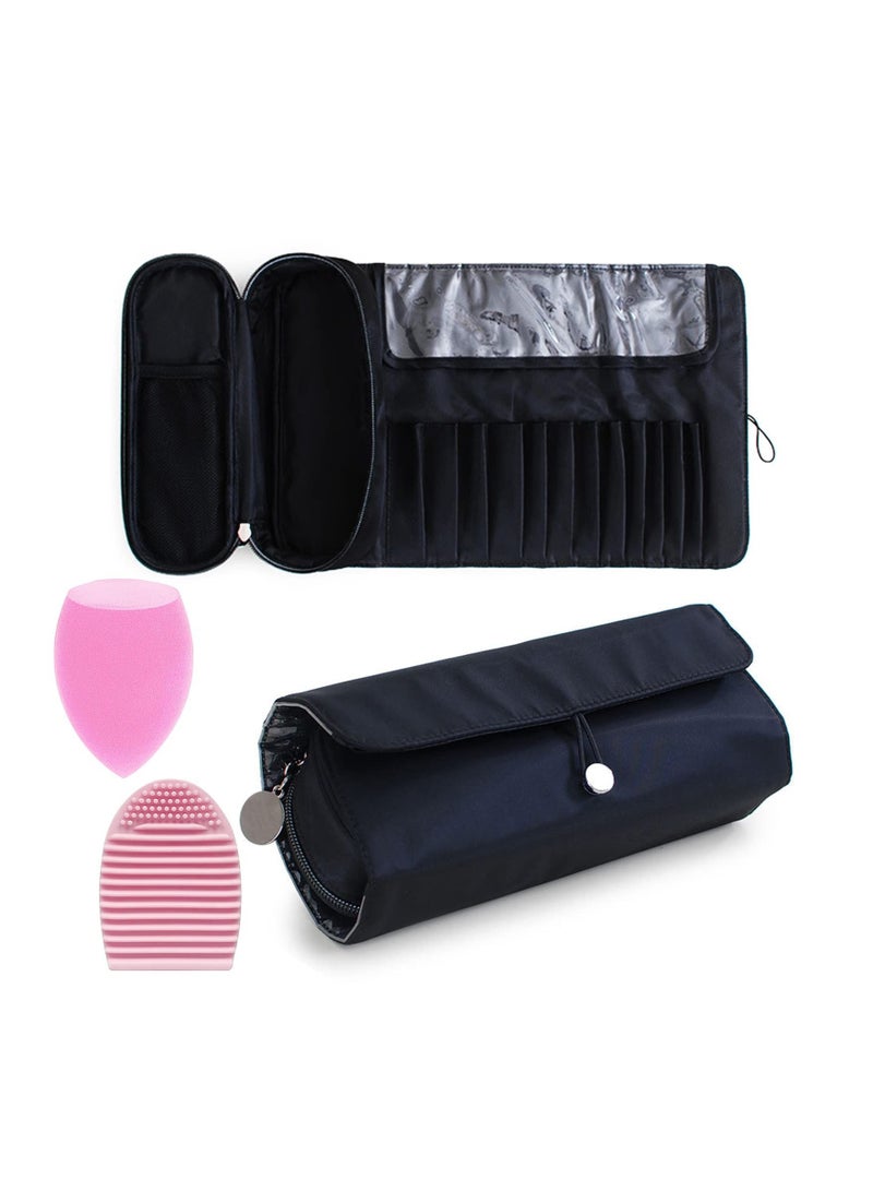 KASTWAVE Portable Makeup Brush Organizer, Makeup Brush Bag for Travel Can Hold Over 20 Brushes Cosmetic Bag Makeup Brush for Woman With Bonus Brush Cleaning Mat and Makeup Sponge - Image 1