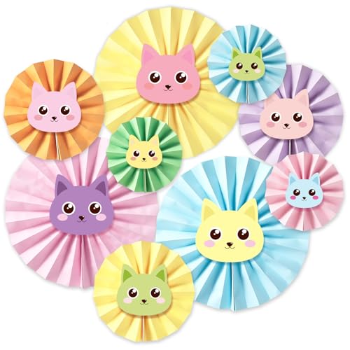Oitnlaughter 9 Pcs Cartoon Doll House Birthday Party Fan Decorations for Cartoon Theme Cats Birthday Party Supplies Multicolor Cat House Vibrant Fun Hanging Paper Fans for Birthdays Decorations Cute Cat Themed - Image 1