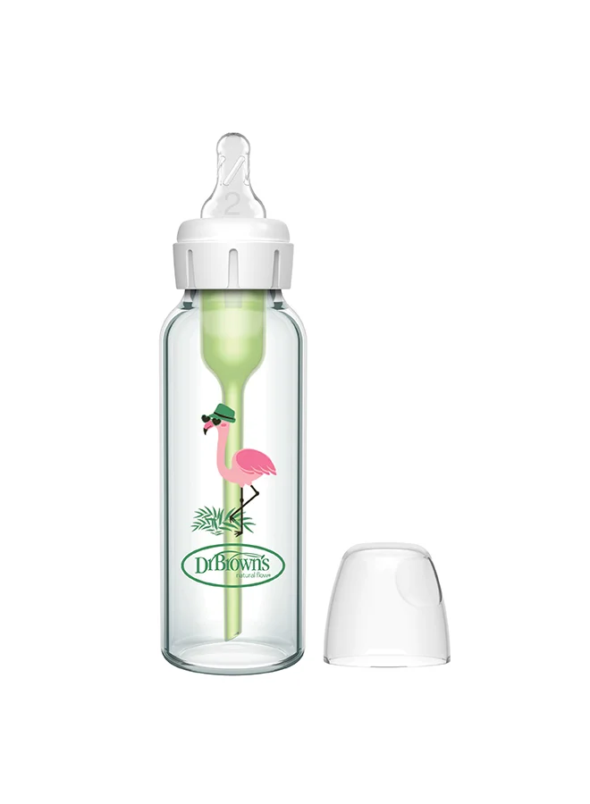 دكتور براونز 8 oz/250 mL Glass Narrow Anti-Colic Options+ Baby Bottle w/ L2 Nipple, Flamingo, 1-Pack