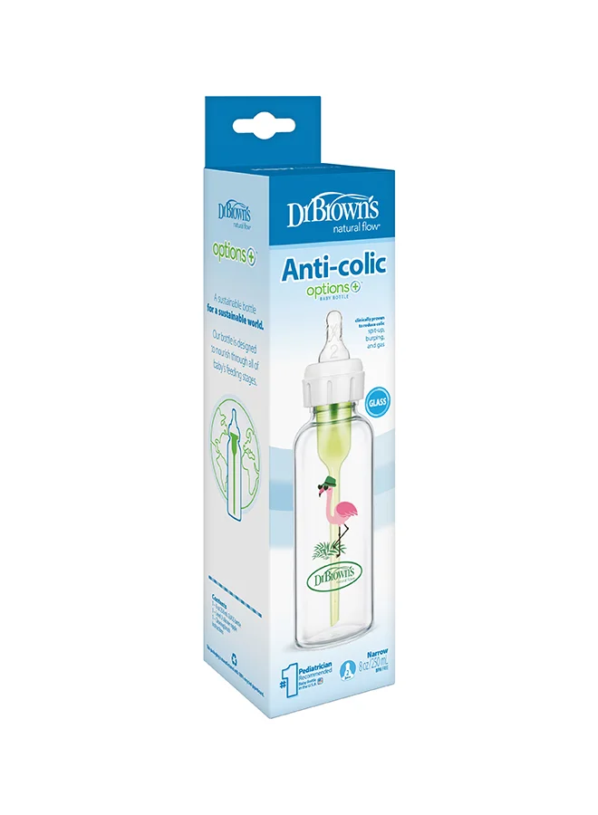 دكتور براونز 8 oz/250 mL Glass Narrow Anti-Colic Options+ Baby Bottle w/ L2 Nipple, Flamingo, 1-Pack
