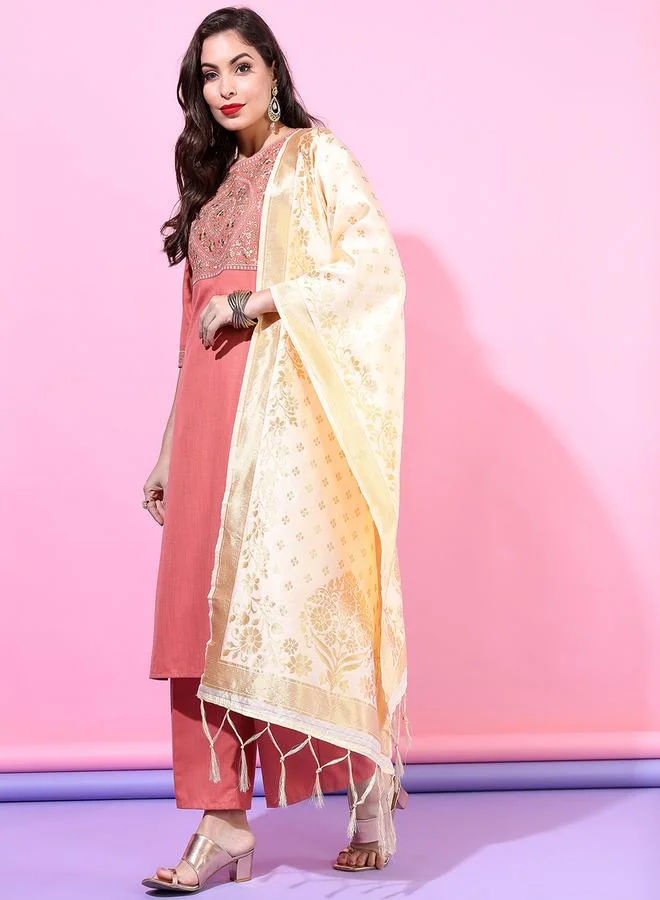 Vishudh Vishudh Pink Embroidered Kurta Set with Dupatta