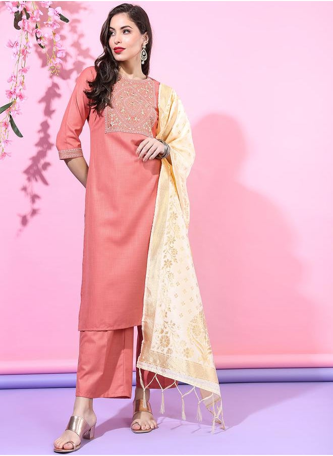 Vishudh Pink Embroidered Kurta Set with Dupatta by Styli  - Image 1