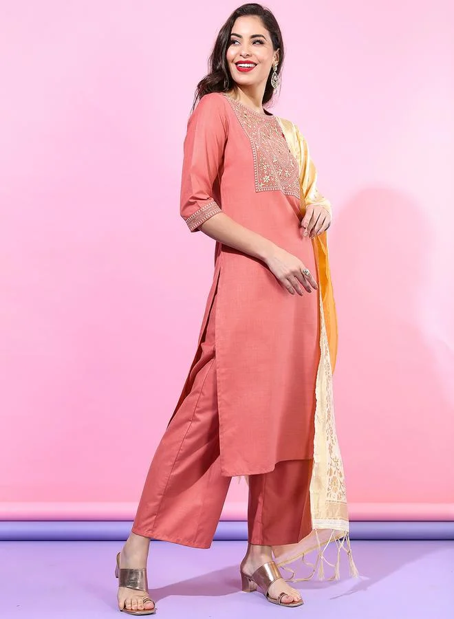 Vishudh Vishudh Pink Embroidered Kurta Set with Dupatta