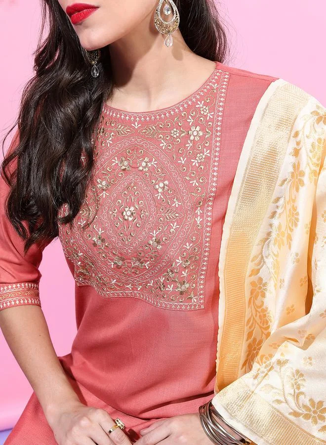 Vishudh Vishudh Pink Embroidered Kurta Set with Dupatta