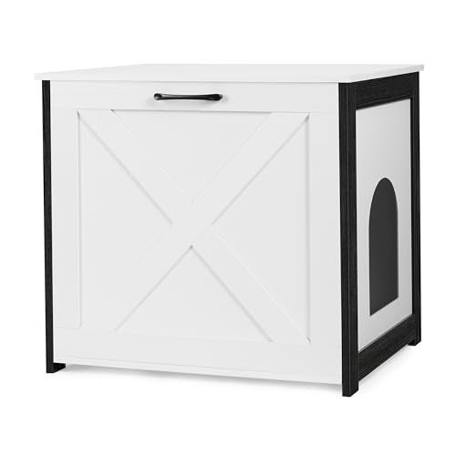 Dwanton Cat Litter Box Furniture Hidden, Cat Litter Box Enclosure, Reversible Entrance Can Be on Left or Right Side, Indoor Cabinet, Wooden Washroom, End Table, Nightstand, White, 23.6" L - Image 1