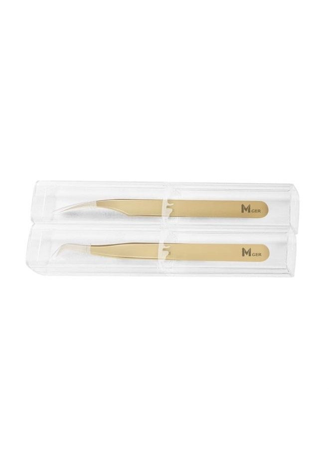 Lash Tweezers for Eyelash Extensions, Hand Calibrated Dolphin-shaped & Curved Tip, False Lash Application Tools, Pack of 2, Gold