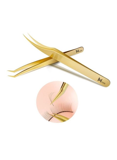Lash Tweezers for Eyelash Extensions, Hand Calibrated Dolphin-shaped & Curved Tip, False Lash Application Tools, Pack of 2, Gold