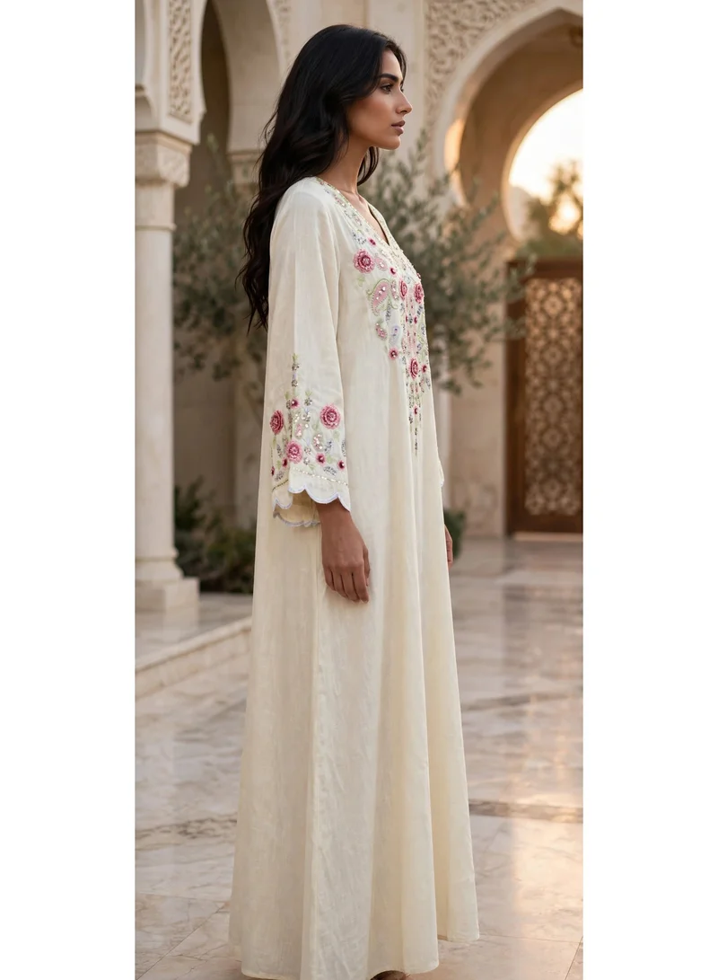 Ikkxa  Paisley Embroidered V Neck Jalabiya with Scalloped Sleeves for Women | Best Price UAE