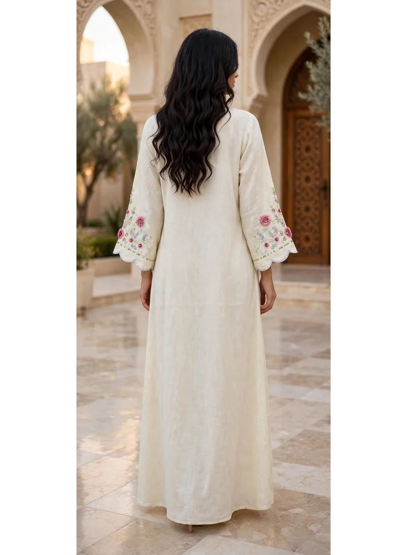 Ikkxa  Paisley Embroidered V Neck Jalabiya with Scalloped Sleeves for Women | Best Price UAE