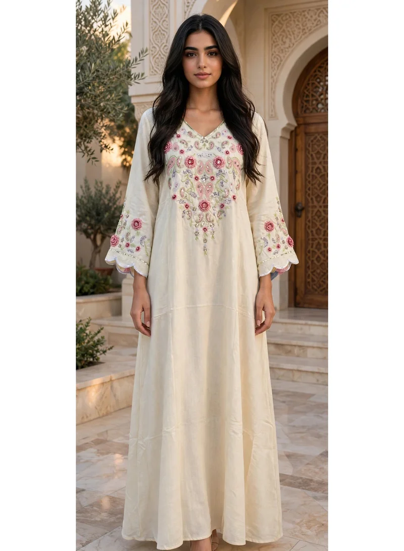 Paisley Embroidered V Neck Jalabiya with Scalloped Sleeves