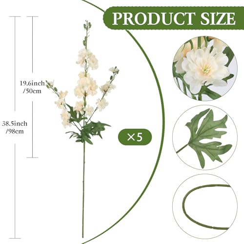 Fqueelvys 5 PCS Champagne Delphinium Artificial Flowers, 38.5" Long Stem Flowers for Tall Vase Faux Larkspur Champagne Silk Snapdragon Flowers for Wedding Centerpieces Home Party Decor - Image 2