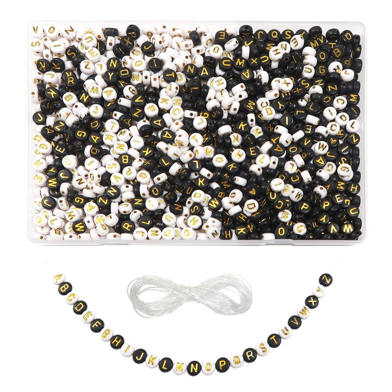 TOAOB THE ONE AND ONLY BABY TOAOB 1000pcs Acrylic Letter Beads for Jewelry Making White Black Round Alphabet Beads for Bracelets 4x7mm Gold Letter Craft Beads with Elastic String for Necklaces Key Chains Making