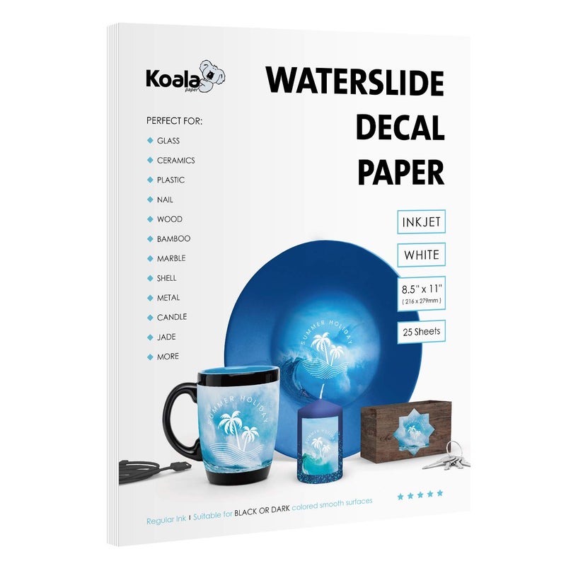 KOALA PAPER Koala 25 Sheets Waterslide Decal Paper for Inkjet Printer - WHITE 8.5x11 Inch Water Slide Transfer Paper for DIY Tumblers, Mugs, Glass, Ceramics - Image 1