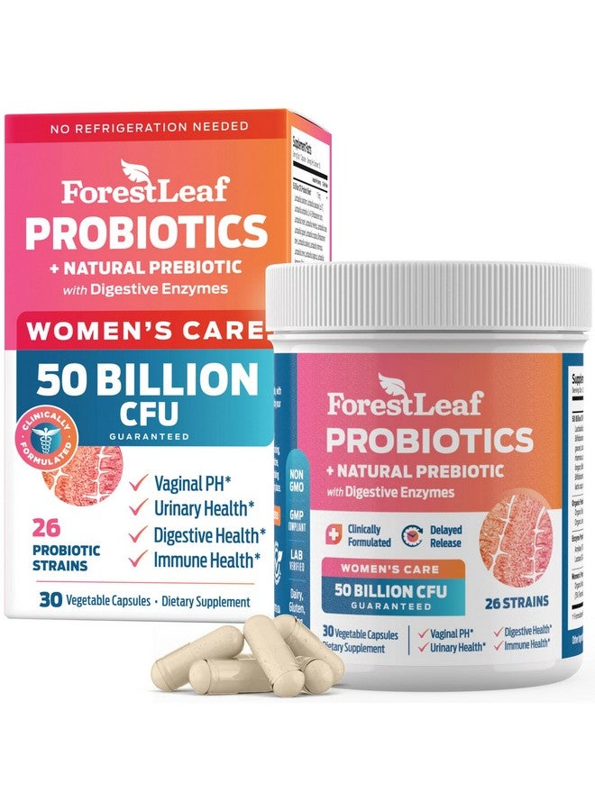 ForestLeaf بروبيوتيك للنساء، 50 مليار وحدة تشكيل مستعمرة، 26 سلالة فريدة، دعم بروبيوتيك وبريبايوتيك للنساء لصحة الجهاز الهضمي، مع التوت البري، الكركديه ودي-مانوز لتحقيق توازن درجة الحموضة المهبلية، وصحة المسالك البولية، والأمعاء (30 كبسولة) - Image 1