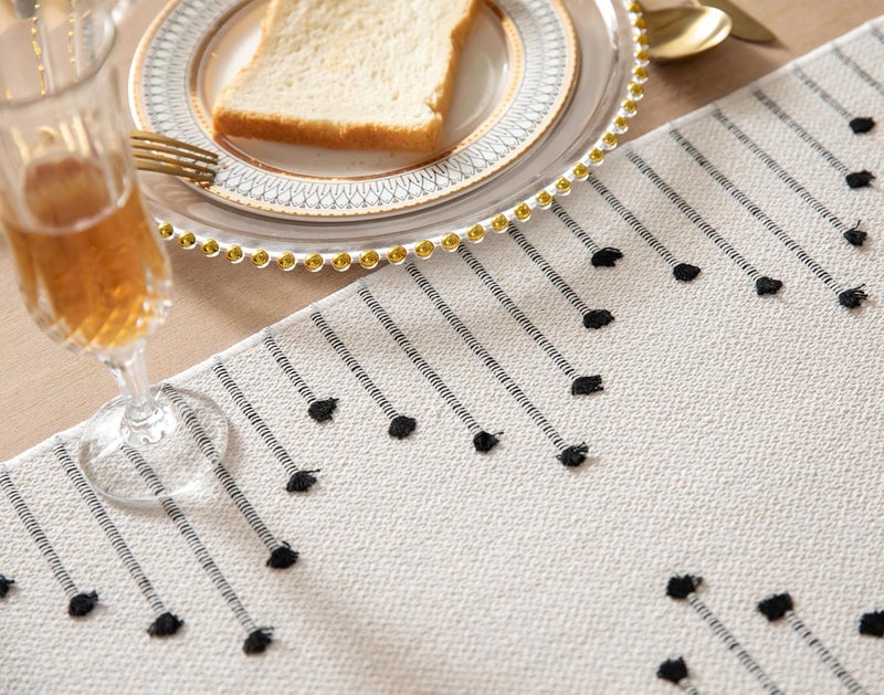 Caflife Boho Table Runner 13 x 108 Inch Long Natural Cotton Woven Runner with Tassels for Home Dining Table décor, for Modern Farmhouse Decor Coffee Table Runner, Black and Beige - Image 4