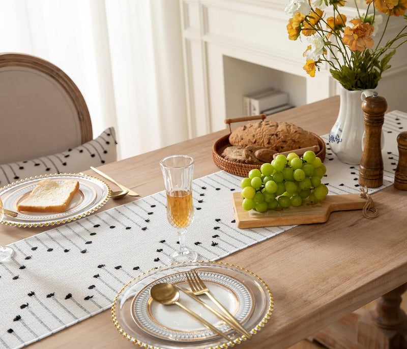 Caflife Boho Table Runner 13 x 108 Inch Long Natural Cotton Woven Runner with Tassels for Home Dining Table décor, for Modern Farmhouse Decor Coffee Table Runner, Black and Beige - Image 3