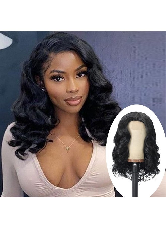 meiliprotea 16" Short Body Wave Synthetic Wig Side Part Bob Wavy Lace 180% Density Ocean Wave Wig For Black Women  - Image 1